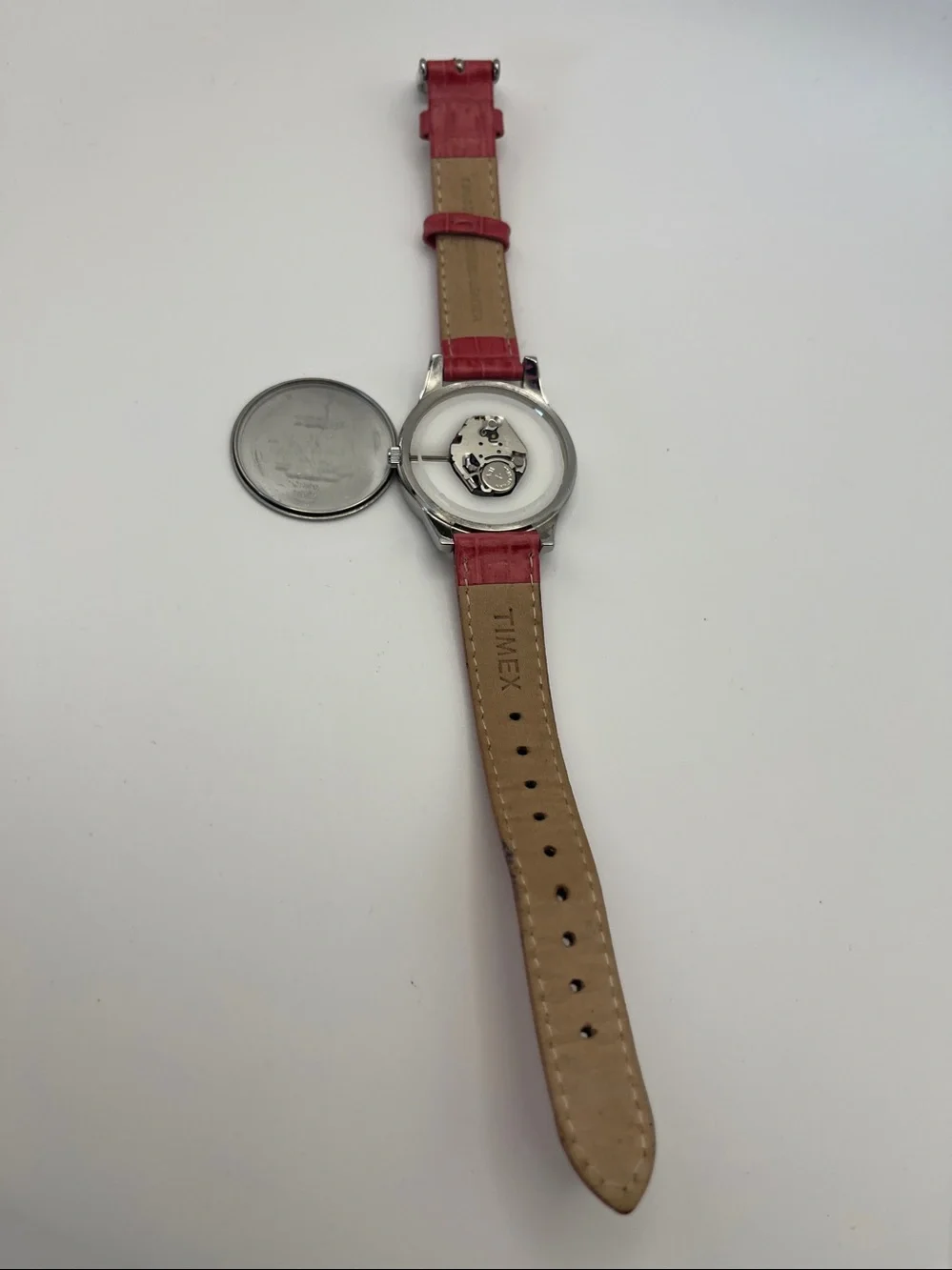 Timex Silver Dial Watch with Pink Leather Strap